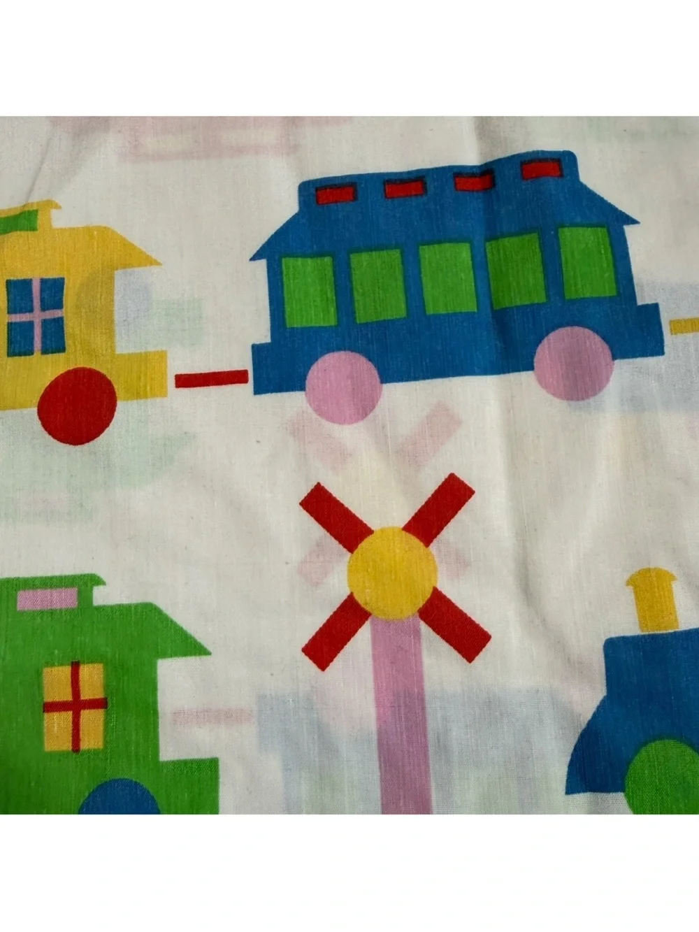 Vintage Train Locomotive Pillowcase Primary Colors 1980’s Transportation Novelty